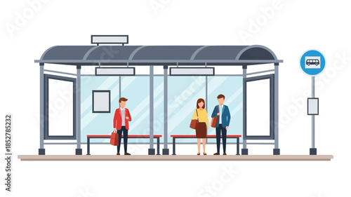 People waiting at a bus stop with a modern shelter design