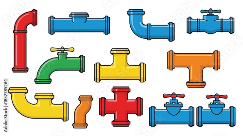 Colorful plumbing fittings and connectors illustration showcasing various pipe shapes