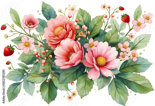 This artwork showcases a lively arrangement of pink peonies along with delicate flowers and strawberries, set against lush green leaves. The composition captures the essence of springtime.