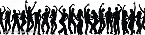 Large Group of People Dancing and Celebrating, Vector Silhouette Illustration Featuring Diverse Men and Women with Raised Hands, Symbolizing Party, Nightlife, and Celebration Events