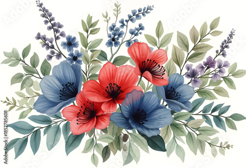 A colorful arrangement of red and blue flowers intertwined with green leaves creates a bright and lively display. This artwork showcases natures beauty through detailed floral patterns.