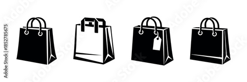 Shopping bag set, flat vector illustration, retail, paper, black and white style