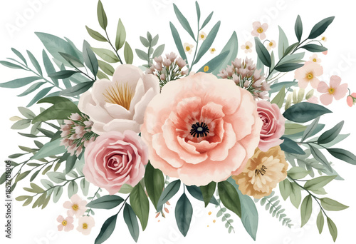 This artwork showcases a lively arrangement of pink peonies along with delicate flowers and strawberries, set against lush green leaves. The composition captures the essence of springtime.