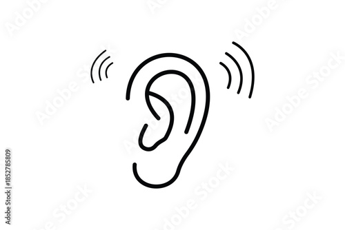 Minimalist ear icon with audio signal waves representation isolated on transparency. Vector black line art design of an Ear with Sound Waves graphic representation ear radiating.