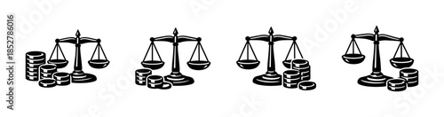 Justice scales with coins, financial balance theme, flat vector illustration