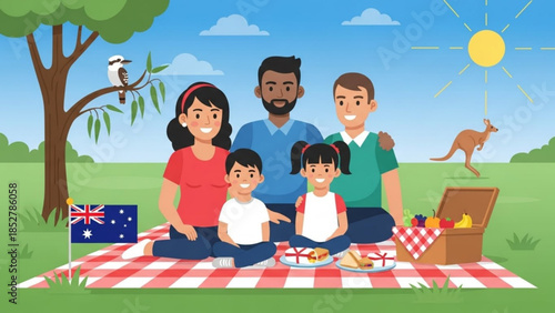 Diverse family enjoying a sunny picnic in Australia with native wildlife and Australian flag perfect for travel and lifestyle concepts