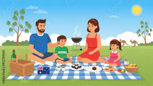 Happy family enjoying a summer picnic in the park with kangaroos in the background illustration for outdoor leisure and Australian lifestyle