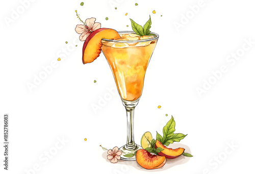A vibrant cocktail with peaches and mint is elegantly displayed in a tall glass, surrounded by fresh peach slices and delicate flowers, perfect for a summer celebration.