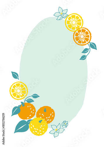 レトロ風のシンプルでポップな柚子のイラスト　縦長丸のフレーム