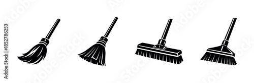 Cleaning tools collection, broom and mop, flat vector illustration in monochrome