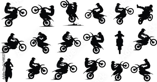 Large set of Motocross dirt bike riders performing extreme stunts and wheelie tricks silhouette vector collection, speed, off-road action sports icons, thrilling motorbike racing illustration design.