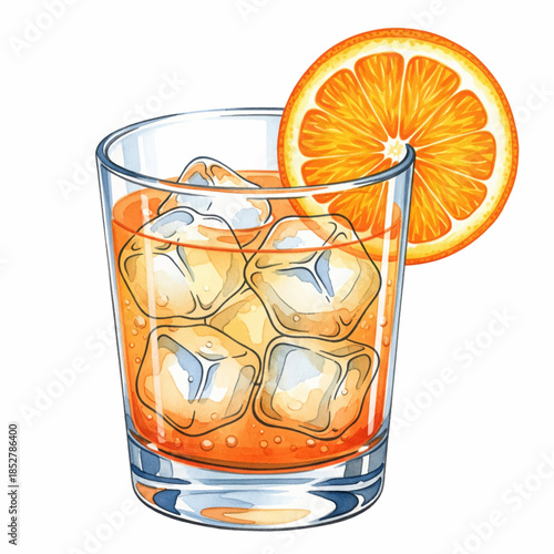 A clear glass sits filled with a vibrant orange drink and ice cubes. A fresh orange slice decorates the rim, adding color at a sunny outdoor gathering.