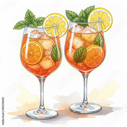 Two elegant glasses filled with a vibrant cocktail featuring slices of lemon, fresh mint, and ice cubes. The drinks are perfect for a warm summer day and invite relaxation.