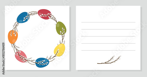 Easter double sided card with willow branches, colorful eggs and empty space for text. Vector element for design of greeting, sale, invitation. Happy Easter.