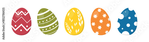 Colorful easter eggs. Set of red, blue, yellow, green, orange eggs with pattern isolated on white background Design element for greeting card, sale, decot, sticker, invitation. 