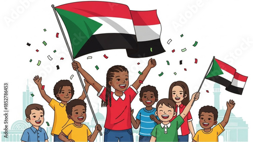 Diverse group of happy children waving Sudanese flags with confetti celebrating national pride and unity illustration for cultural events and education