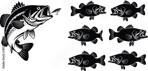 Largemouth Bass Fishing Set, Black Silhouette Collection, Fish Jumping Lure, Underwater Predator, Catching Sport Graphics, Vector Illustration, Isolated White