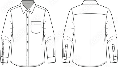 Long sleeve shirt technical sketch, fashion flat drawing, garment design template, vector apparel illustration, front and back view, CAD style