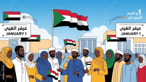 Sudanese people celebrating Independence Day with flags and national symbols a vibrant illustration for patriotic events and cultural representation