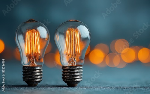 Two glowing light bulbs with a bright orange glow inside,  representing ideas and innovation, on a blue and orange background with bokeh effects. High quality. High quality. High quality