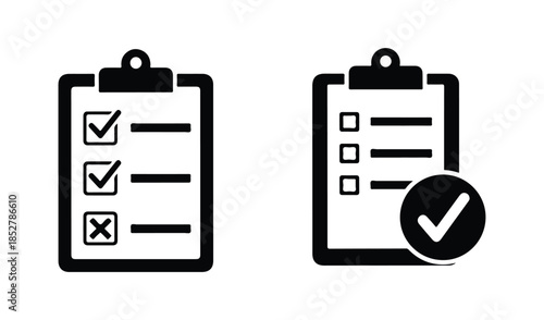 Set of clipboard icons with checklist markings, success checkmarks and failure cross marks for business task management