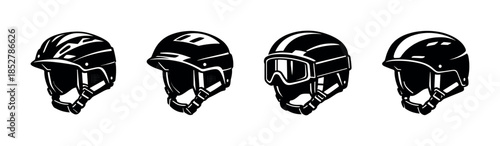 Ski helmets and visor designs, flat vector illustration, winter sports gear