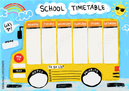 Cute hand drawn doodle school bus timetable weekly planner calendar date kids planner watercolor crayon illustration blank empty template