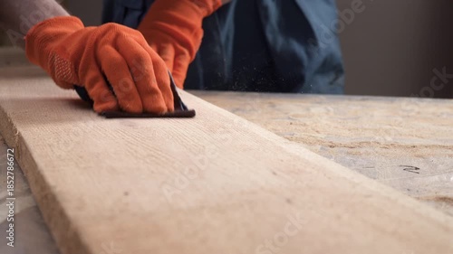 Close up of carpenter hands in orange gloves sanding wooden board with sandpaper