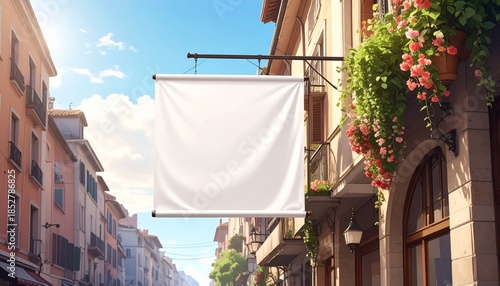 Display sign hangs above a street in a European city during a sunny day with blooming flowers