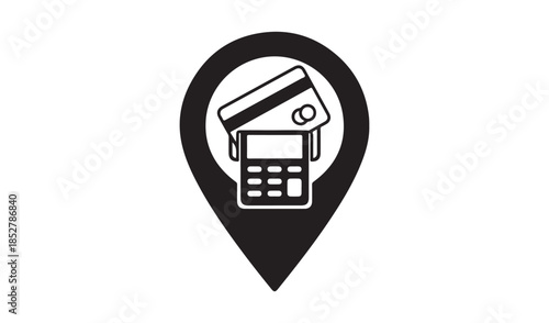 Map pin icon featuring a credit card and POS terminal, retail payment location and commercial transaction point symbol