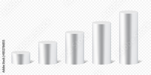 Silver Cylindrical Podium Set Vector – Ascending Height 3D Metallic Columns for Ranking, Infographic Chart, Data Visualization and Product Display