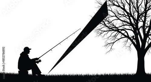 Man sitting and fishing with a rod silhouette vector illustration, relaxing outdoor leisure and sport activity, peaceful nature scene with grass and large bare tree, recreational hobby design.