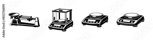 Scientific balance machines, weighing scales, laboratory devices, flat vector illustration