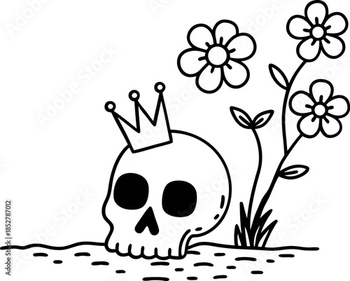 crowned skull in the ground with blooming flowers minimalist black and white illustration of life, death, decay and renewal