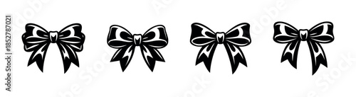 Bow illustrations set, ribbons, gift decoration, flat vector illustration