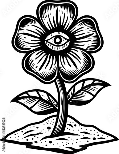 surreal flower with mystical all seeing eye in blossom, occult botanical symbol of intuition, awareness and magical protection