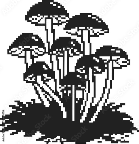 pixel art mushroom cluster in monochrome retro black and white fungi group with grass base, minimalist digital illustration