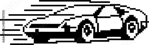 Pixel sports car racing fast, retro 8 bit minimal icon monochrome vintage vehicle silhouette with motion speed lines