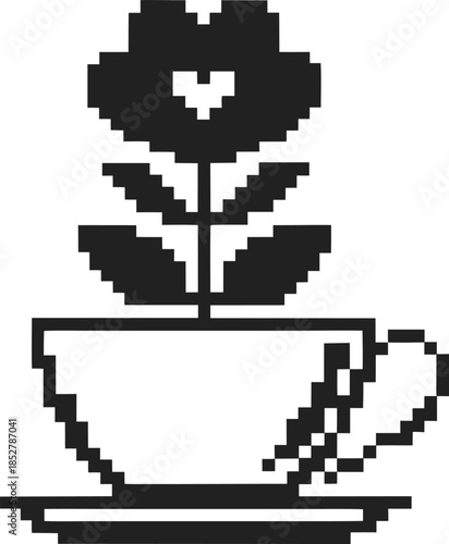 Pixel art flower growing from teacup on saucer retro black and white minimalist cup icon with blooming plant heart symbol