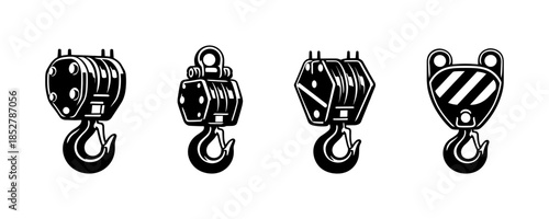 Crane hook designs, lifting equipment, industrial tools, flat vector illustration