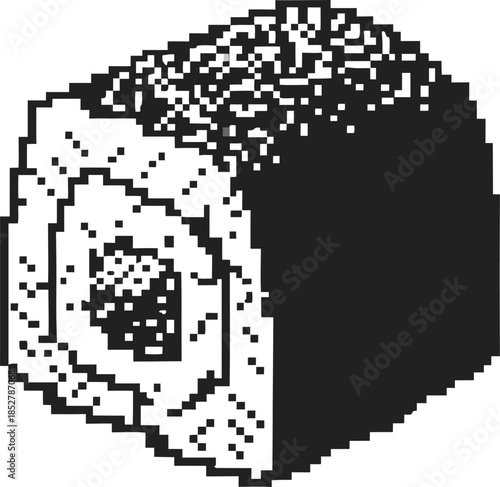 pixel art sushi roll icon in monochrome retro 8 bit japanese food illustration, minimal square seafood piece with rice and nori