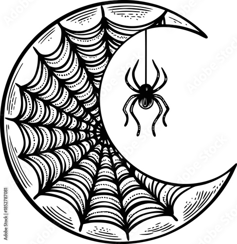 Crescent moon with intricate spider web and hanging spider mystical night symbol for halloween, occult, magic and gothic decoration
