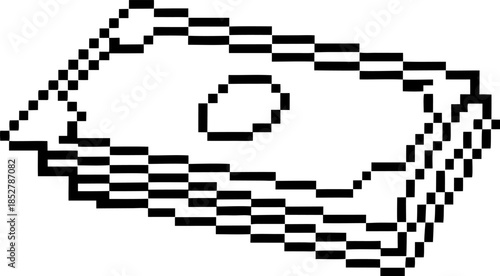pixel art stack of paper money bills retro digital cash icon, minimalist black and white financial currency illustration