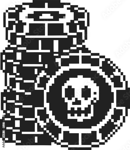 retro pixel casino chips with skull symbol monochrome gambling tokens, risky betting, arcade danger icon illustration