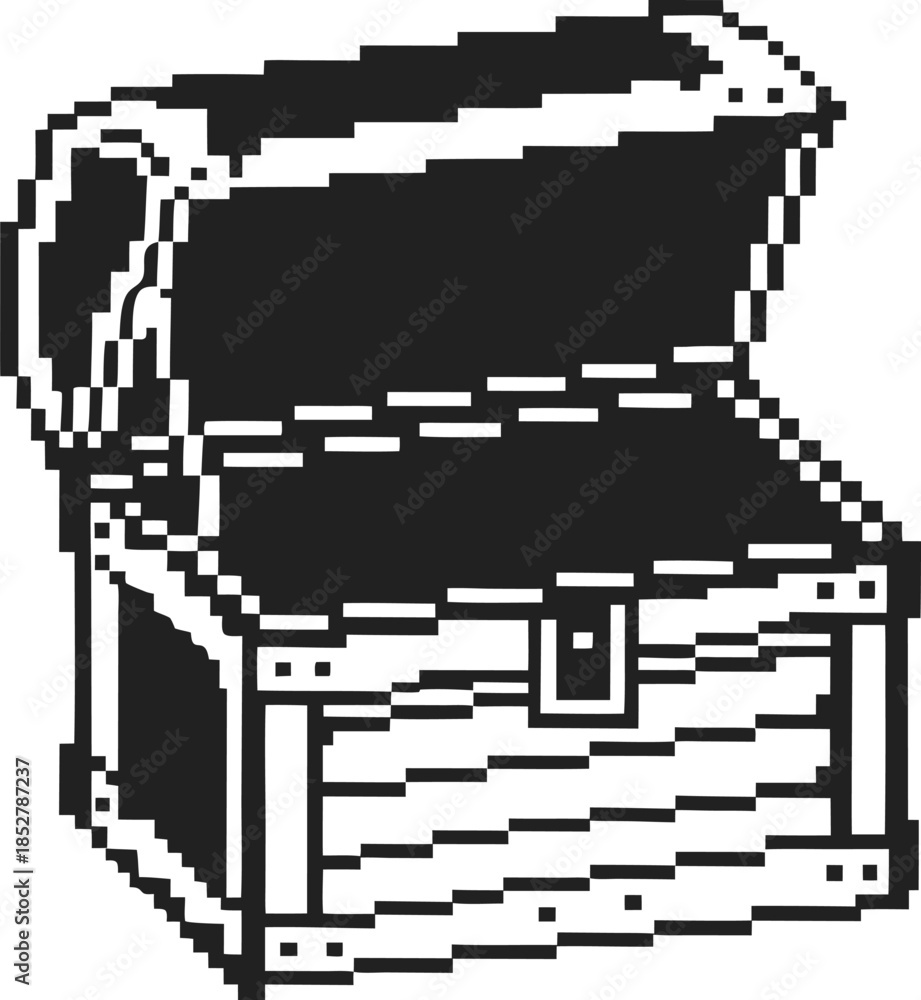 Fototapeta premium Open pixel treasure chest icon retro 8 bit game loot box symbol with raised lid, vintage monochrome digital art illustration