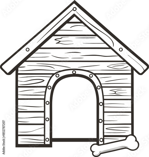 Rustic wooden dog house with open doorway and bone simple outline illustration of pet shelter with planks, nails, cozy canine home