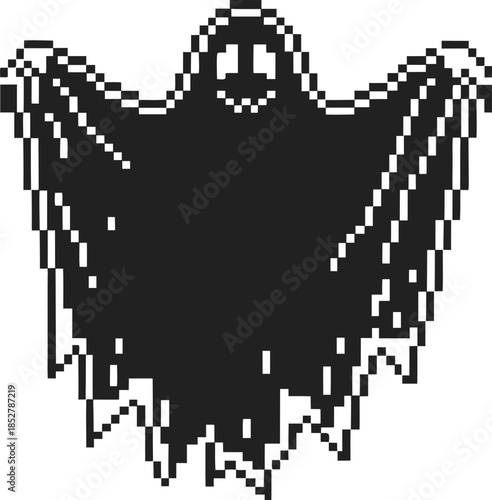 pixel ghost silhouette with smiling face and tattered sheet retro 8 bit spooky spirit icon for halloween game design