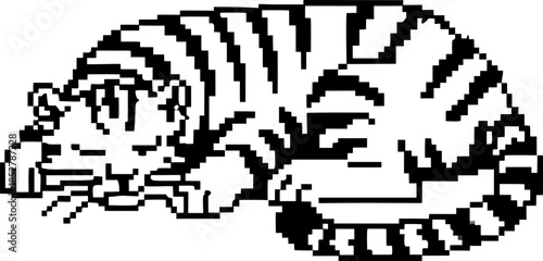 sleeping striped tiger curled up resting retro pixel art illustration of cute wild cat in relaxed peaceful pose, minimal monochrome design