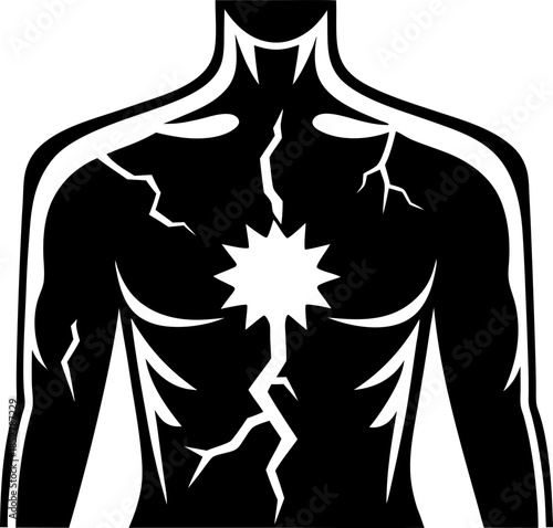 Exploding chest pain in human torso silhouette conceptual heart attack, cardiac emergency, vascular disease, circulatory health risk