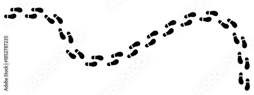 Trail of black shoe footprints following a curved path for represent tracking, search, or a winding journey